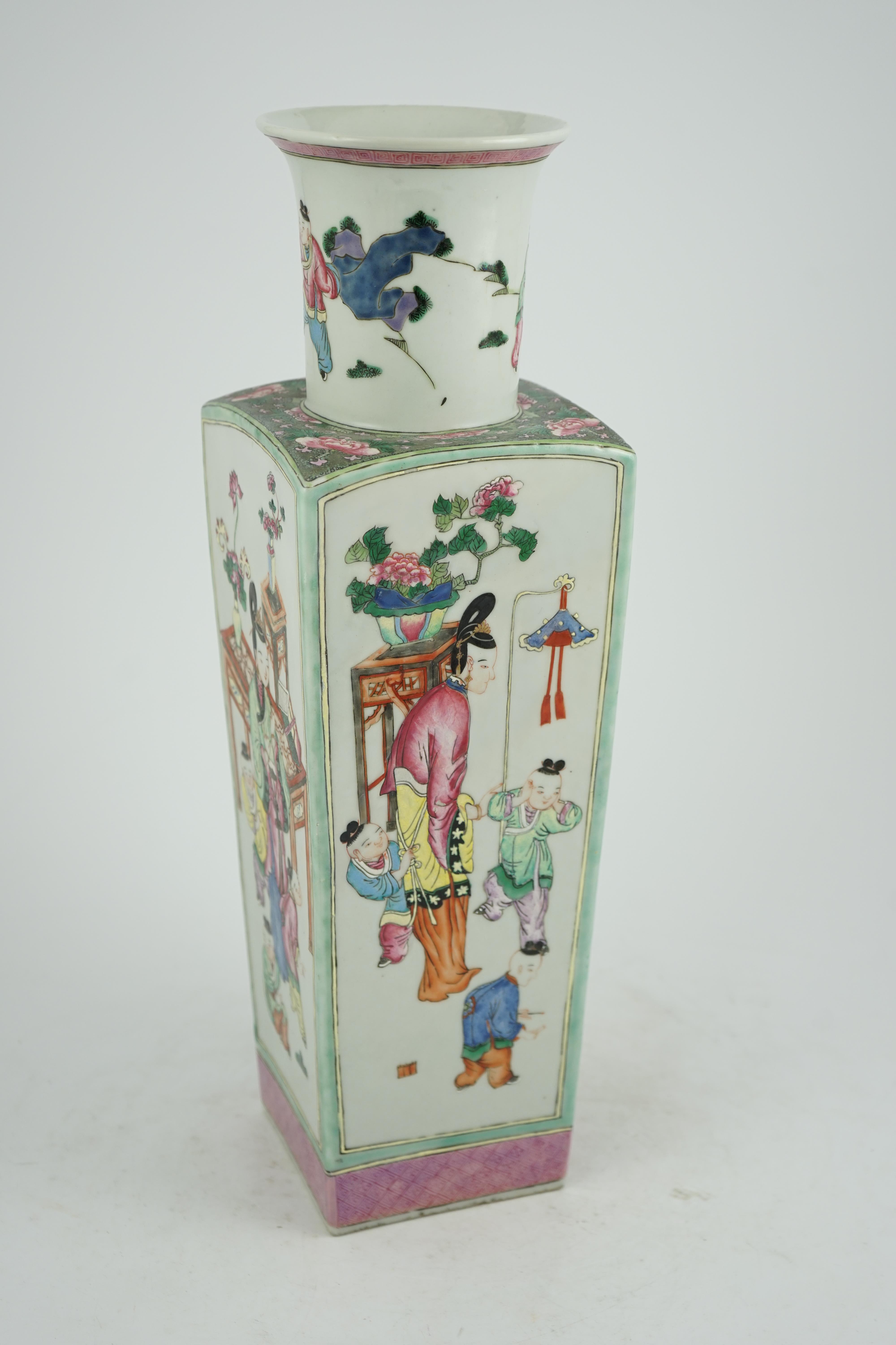 A tall Chinese famille rose square section vase, 19th century